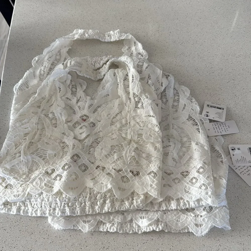 NWT Free People Adella Lace Halter Bralette Lace Scallop Pull- On Backless White